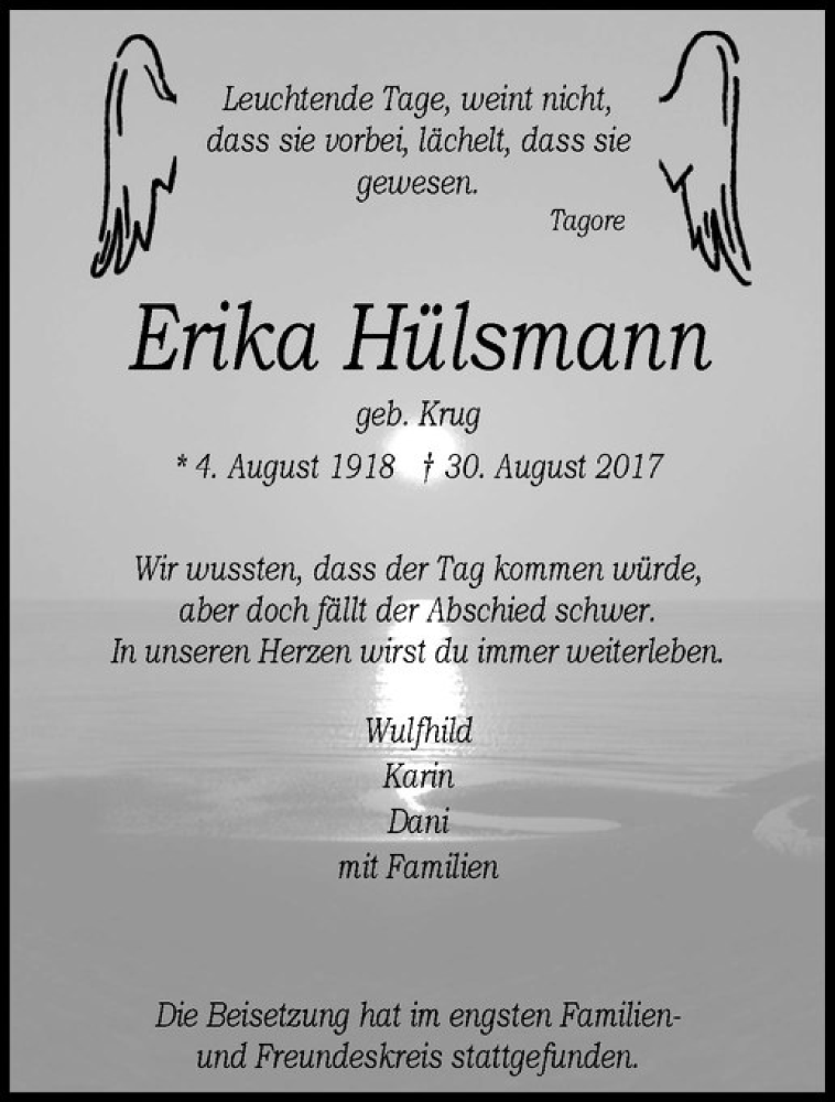  Traueranzeige für Erika Hülsmann vom 02.09.2017 aus Westfälische Nachrichten