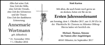 Anzeige von Annemarie Wortmann von Westfälische Nachrichten