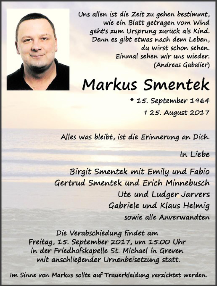  Traueranzeige für Markus Smentek vom 01.09.2017 aus Westfälische Nachrichten