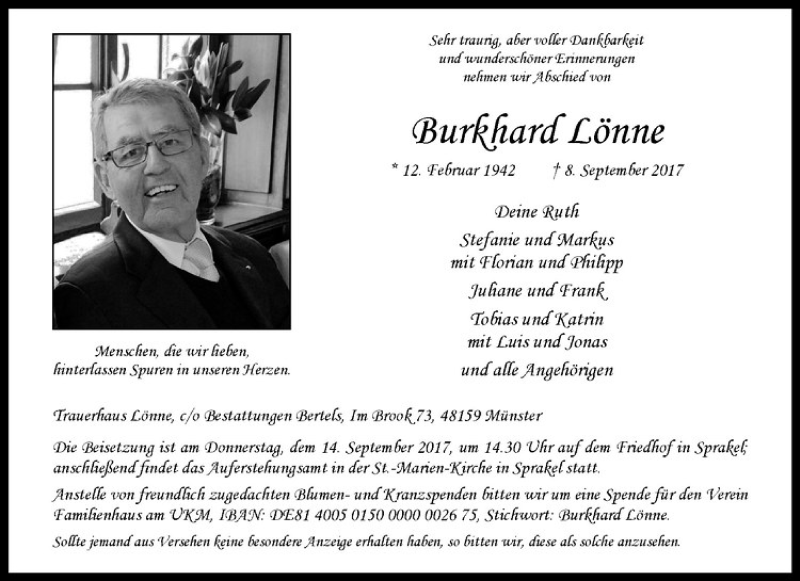  Traueranzeige für Burkhard Lönne vom 12.09.2017 aus Westfälische Nachrichten