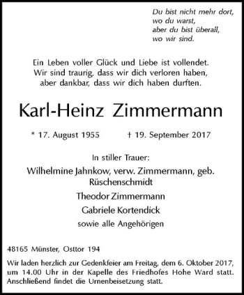 Anzeige von Karl-Heinz Zimmermann von Westfälische Nachrichten