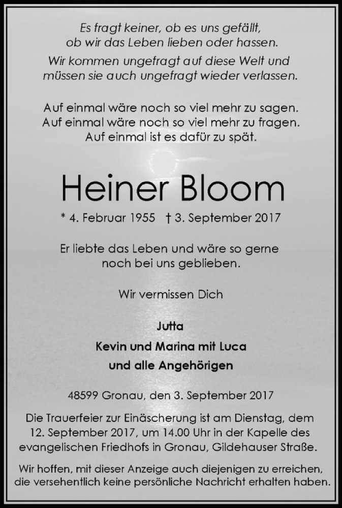  Traueranzeige für Heiner Bloom vom 06.09.2017 aus Westfälische Nachrichten