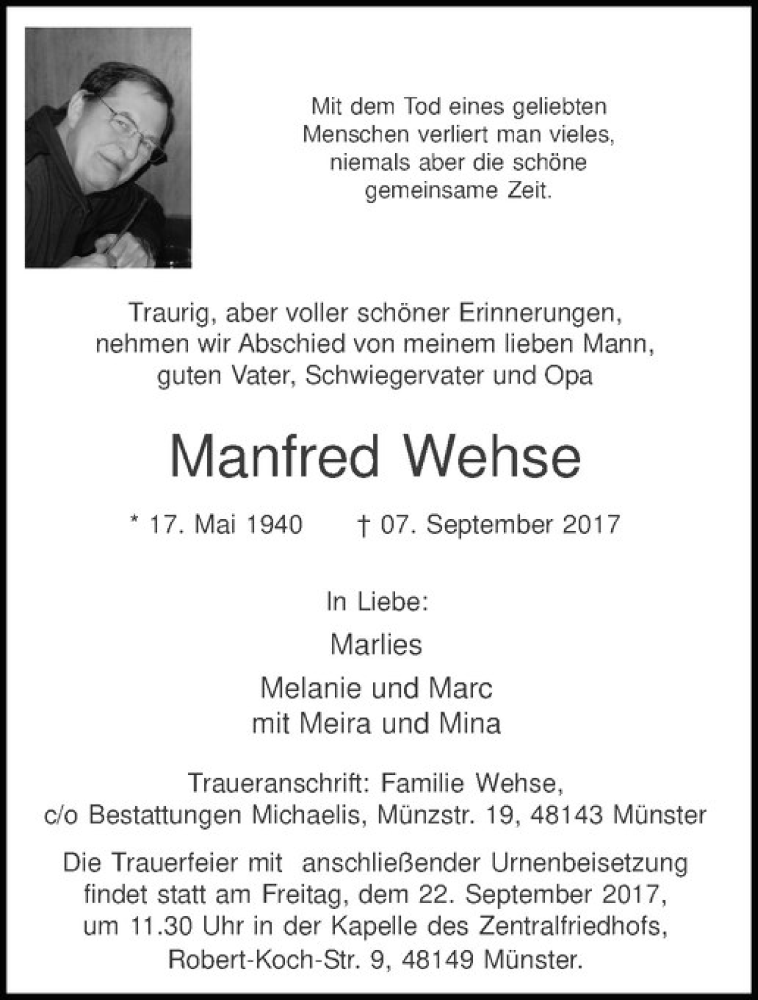  Traueranzeige für Manfred Wehse vom 16.09.2017 aus Westfälische Nachrichten