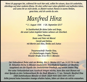 Anzeige von Manfred Hinz von Westfälische Nachrichten