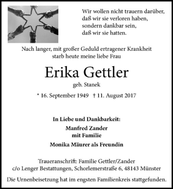 Anzeige von Erika Gettler von Westfälische Nachrichten
