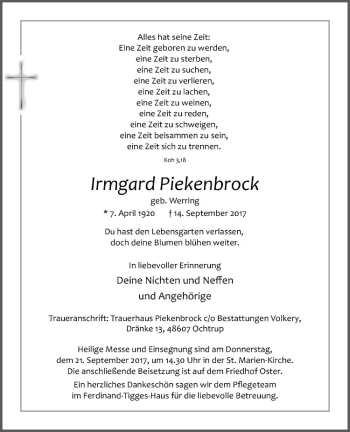 Anzeige von Irmgard Piekenbrock von Westfälische Nachrichten
