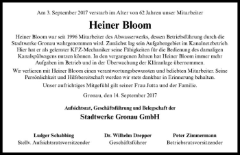 Anzeige von Heiner Bloom von Westfälische Nachrichten