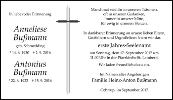 Anzeige von Anneliese Bußmann von Westfälische Nachrichten