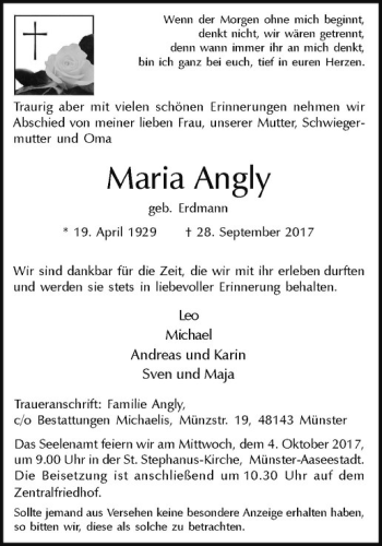 Anzeige von Maria Angly von Westfälische Nachrichten