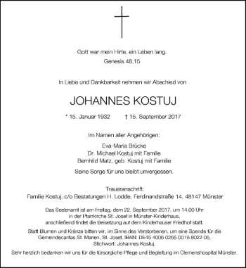 Anzeige von Johannes Kostuj von Westfälische Nachrichten