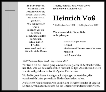 Anzeige von Heinrich Voß von Westfälische Nachrichten