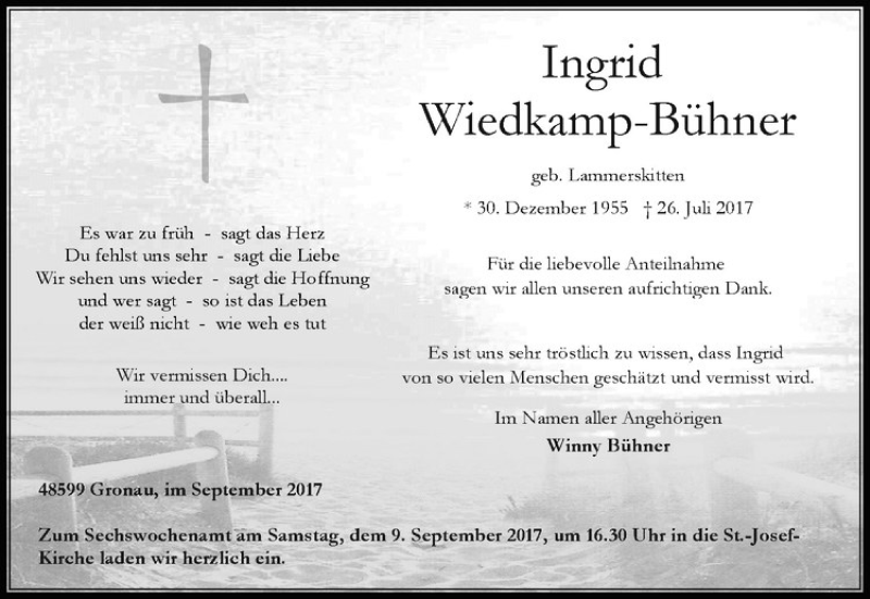  Traueranzeige für Ingrid Wiedkamp-Bühner vom 06.09.2017 aus Westfälische Nachrichten