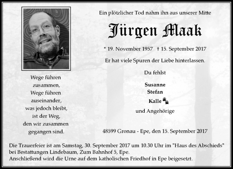  Traueranzeige für Jürgen Maak vom 23.09.2017 aus Westfälische Nachrichten