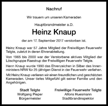 Anzeige von Heinz Knaup von Westfälische Nachrichten