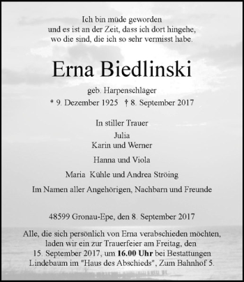 Anzeige von Erna Biedlinski von Westfälische Nachrichten