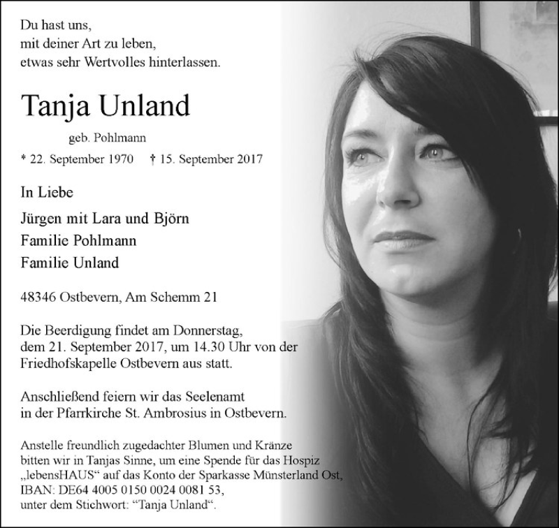  Traueranzeige für Tanja Unland vom 19.09.2017 aus Westfälische Nachrichten