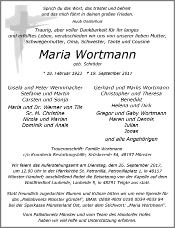 Anzeige von Maria Wortmann von Westfälische Nachrichten
