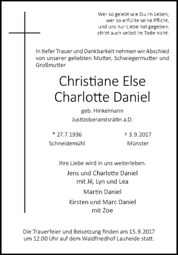 Anzeige von Christiane Else Charlotte Danile von Westfälische Nachrichten