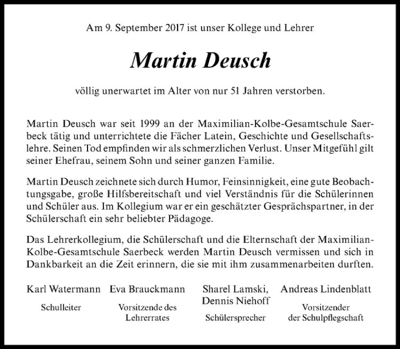  Traueranzeige für Martin Deusch vom 15.09.2017 aus Westfälische Nachrichten
