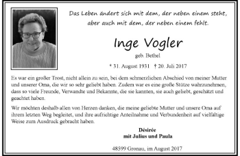 Anzeige von Inge Vogler von Westfälische Nachrichten