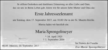 Anzeige von Maria Sprengelmeyer von Westfälische Nachrichten