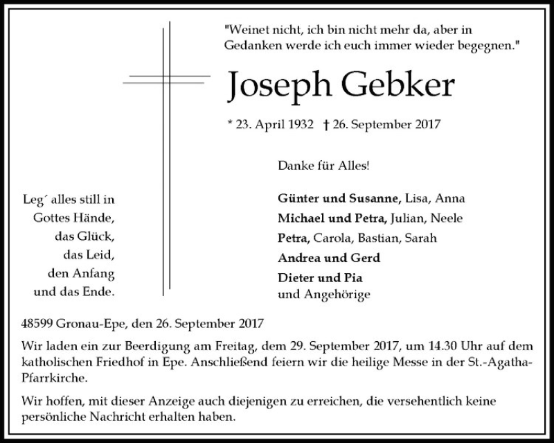  Traueranzeige für Joseph Gebker vom 28.09.2017 aus Westfälische Nachrichten