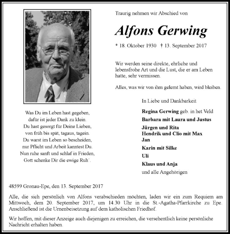  Traueranzeige für Alfons Gerwing vom 16.09.2017 aus Westfälische Nachrichten
