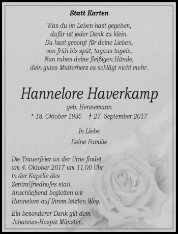 Anzeige von Hannelore Haverkamp von Westfälische Nachrichten