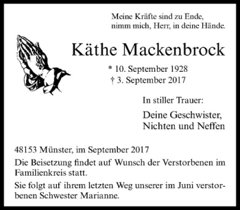 Anzeige von Käthe Mackenbrock von Westfälische Nachrichten