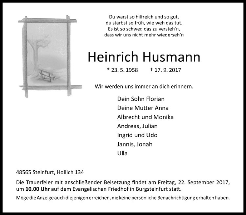  Traueranzeige für Heinrich Husmann vom 20.09.2017 aus Westfälische Nachrichten