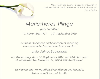 Anzeige von Marietheres Plinge von Westfälische Nachrichten