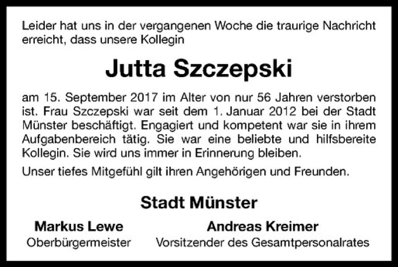 Traueranzeige für Jutta Szczepski vom 27.09.2017 aus Westfälische Nachrichten