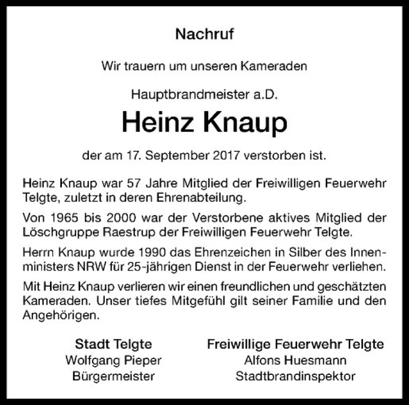  Traueranzeige für Heinz Knaup vom 30.09.2017 aus Westfälische Nachrichten