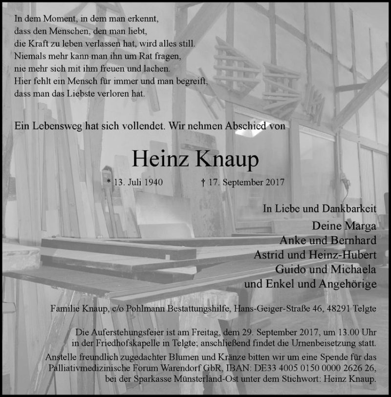 Traueranzeige für Heinz Knaup vom 23.09.2017 aus Westfälische Nachrichten