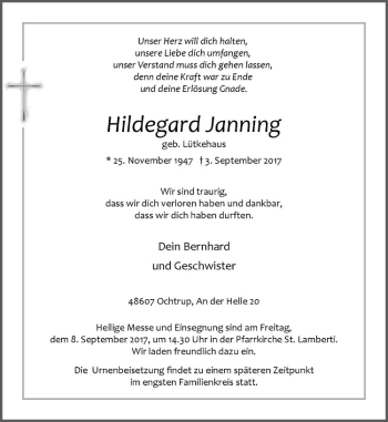 Anzeige von Hildegard Janning von Westfälische Nachrichten
