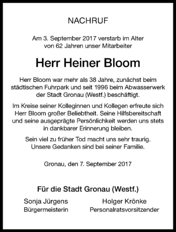 Anzeige von Heiner Bloom von Westfälische Nachrichten