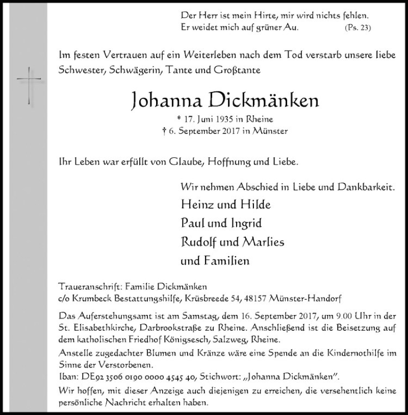  Traueranzeige für Johanna Dickmänken vom 13.09.2017 aus Westfälische Nachrichten