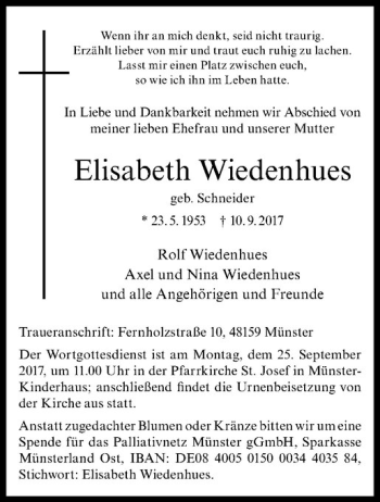 Anzeige von Elisabeth Wiedenhues von Westfälische Nachrichten