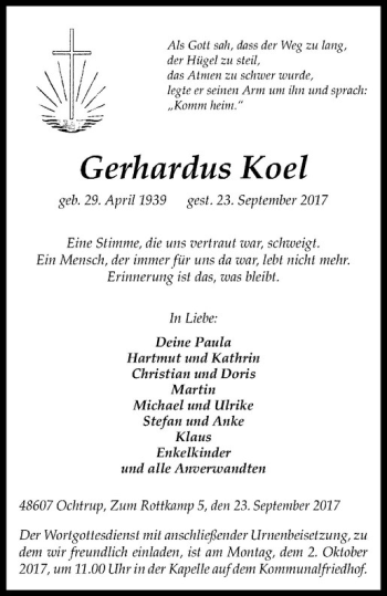 Anzeige von Gerhardus Koel von Westfälische Nachrichten