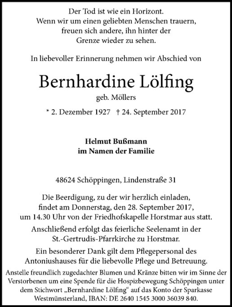  Traueranzeige für Bernhardine Lölfing vom 26.09.2017 aus Westfälische Nachrichten