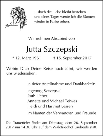 Anzeige von Jutta Szczepski von Westfälische Nachrichten
