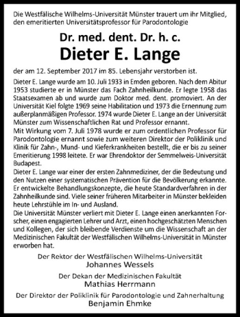 Anzeige von Dieter E. Lange von Westfälische Nachrichten