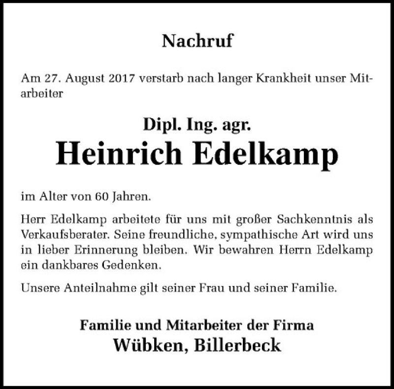  Traueranzeige für Heinrich Edelkamp vom 01.09.2017 aus Westfälische Nachrichten