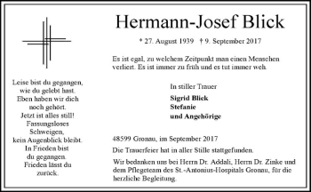 Anzeige von Hermann-Josef Blick von Westfälische Nachrichten