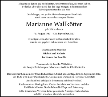 Anzeige von Marianne Wallkötter von Westfälische Nachrichten