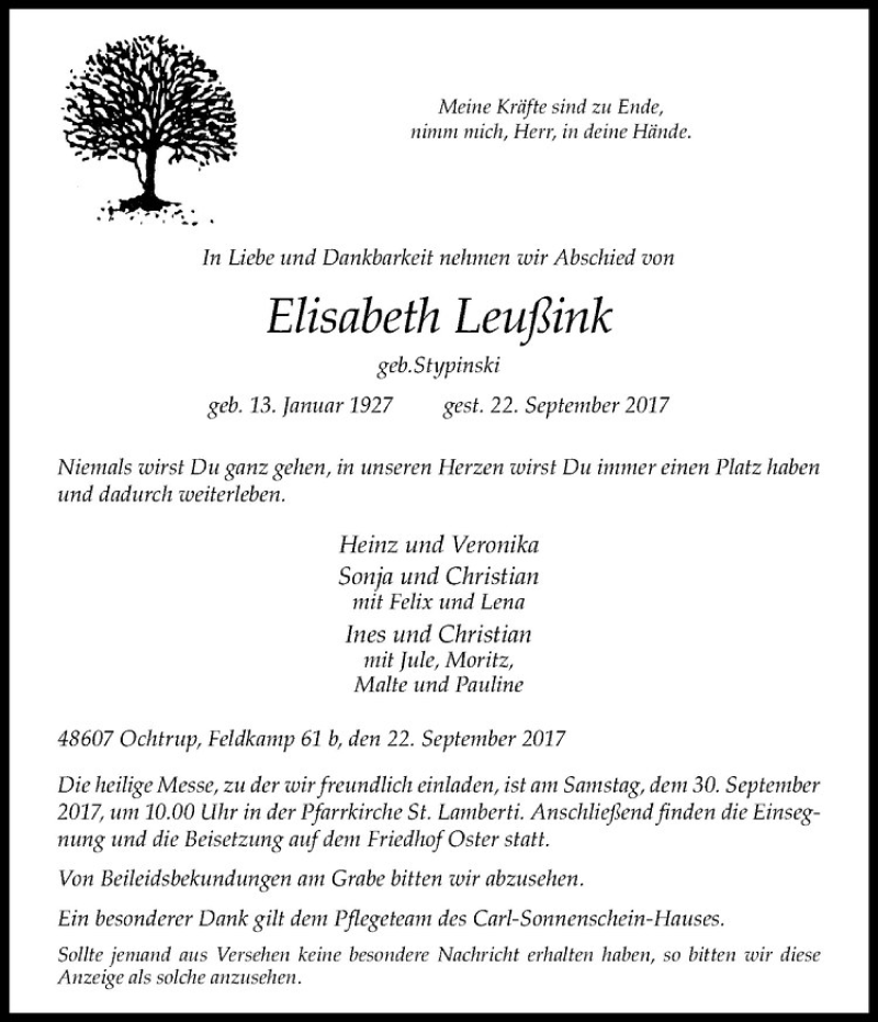  Traueranzeige für Elisabeth Leußing vom 26.09.2017 aus Westfälische Nachrichten