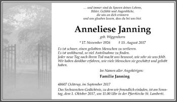 Anzeige von Anneliese Janning von Westfälische Nachrichten
