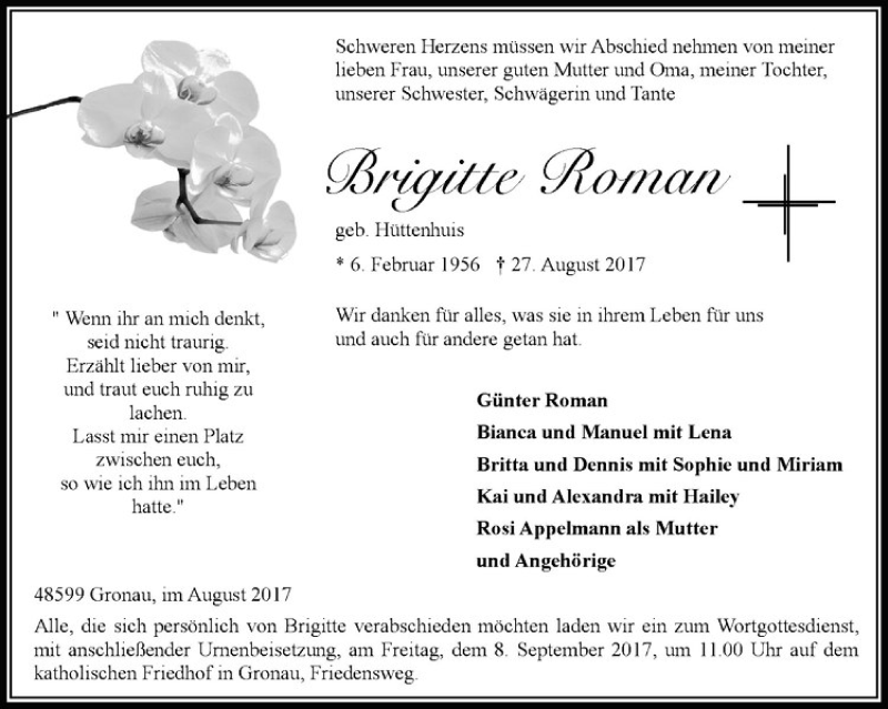  Traueranzeige für Brigitte Roman vom 02.09.2017 aus Westfälische Nachrichten
