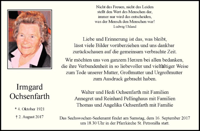  Traueranzeige für Irmgard Ochsenfarth vom 09.09.2017 aus Westfälische Nachrichten