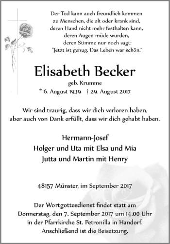 Anzeige von Elisabeth Becker von Westfälische Nachrichten